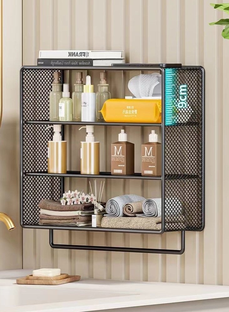 3-Tier Bathroom Rack Shelf Shower Shampoo Organizer Wall Mounted Storage Rack and Towel Rack Black Metal 44x12x31.7 Centimeter