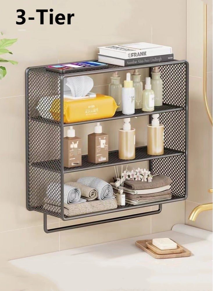 3-Tier Bathroom Rack Shelf Shower Shampoo Organizer Wall Mounted Storage Rack and Towel Rack Black Metal 44x12x31.7 Centimeter