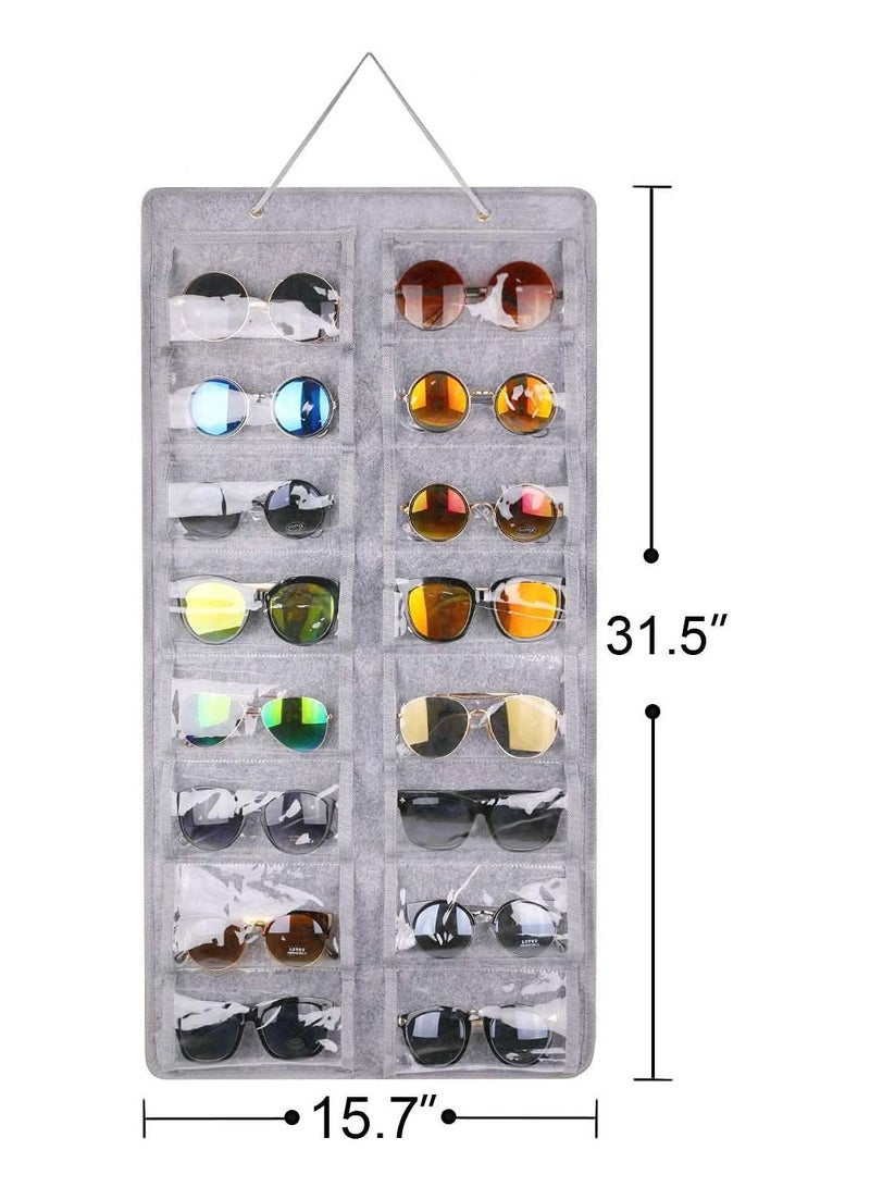 Sunglasses Organizer Storage Holder ,Hanging Dust-Proof Glasses Storage Box with Metal Hook and Rope (16 Slots, Gray)