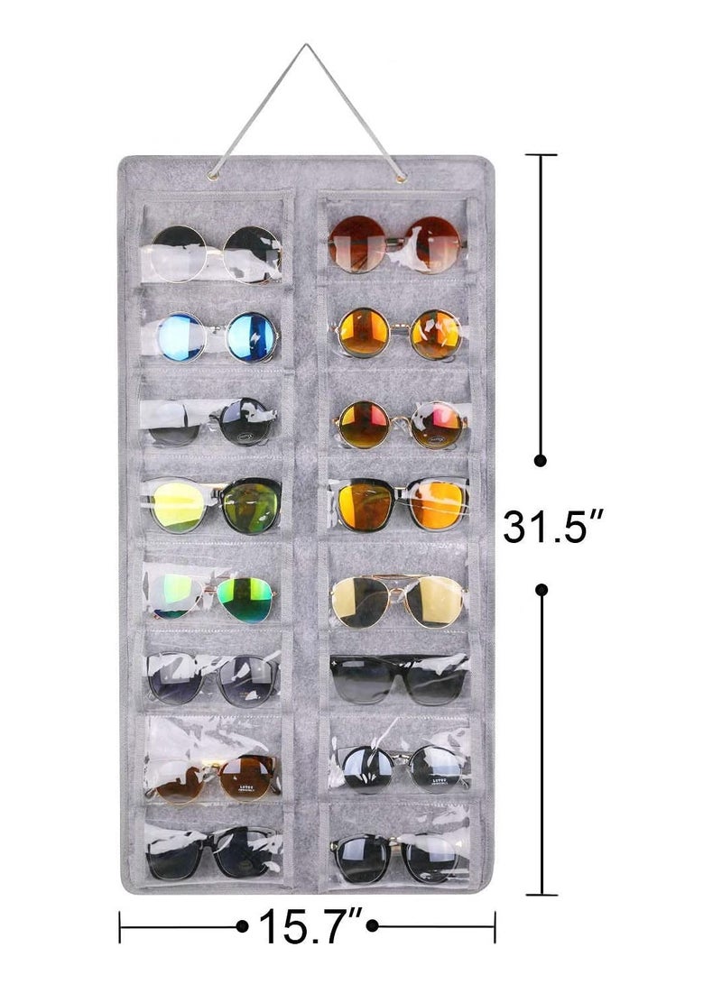 Sunglasses Organizer Storage Holder ,Hanging Dust-Proof Glasses Storage Box with Metal Hook and Rope (16 Slots, Gray)