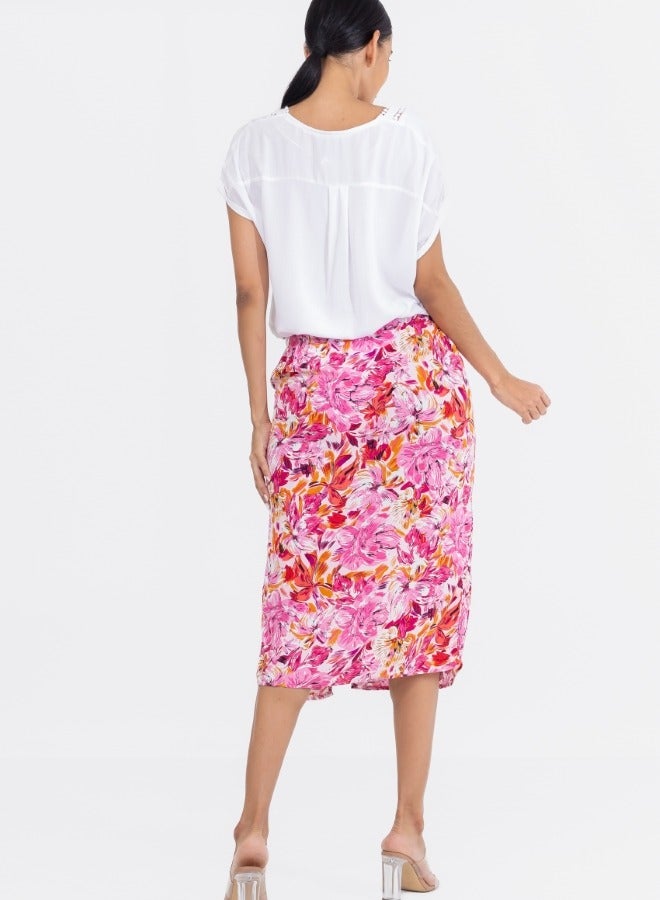 Floral Print High-Waisted Midi Skirt with Side Slit - Colorful Summer Skirt