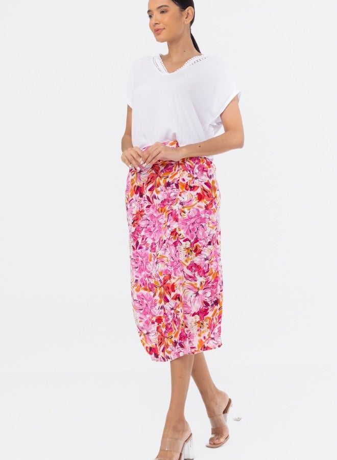Floral Print High-Waisted Midi Skirt with Side Slit - Colorful Summer Skirt