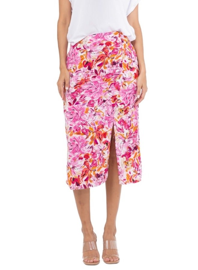 Floral Print High-Waisted Midi Skirt with Side Slit - Colorful Summer Skirt