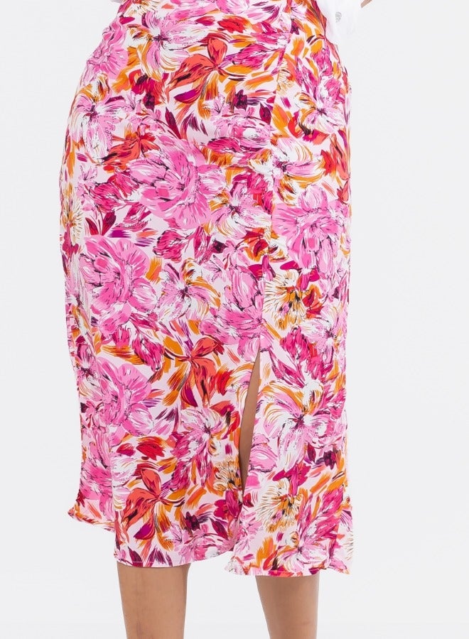 Floral Print High-Waisted Midi Skirt with Side Slit - Colorful Summer Skirt