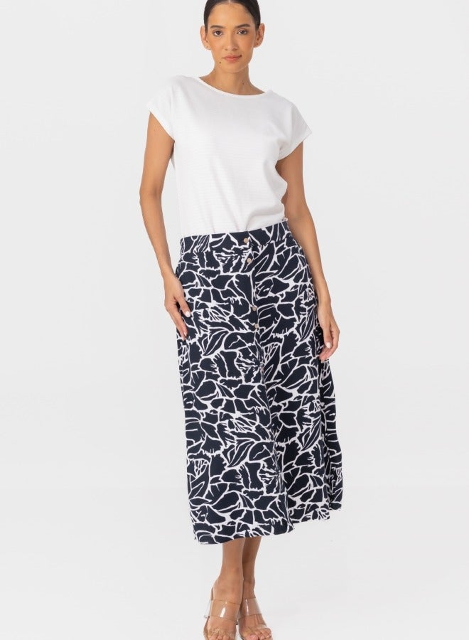 Black and White Abstract Print Button-Down Midi Skirt - High-Waisted A-Line Skirt