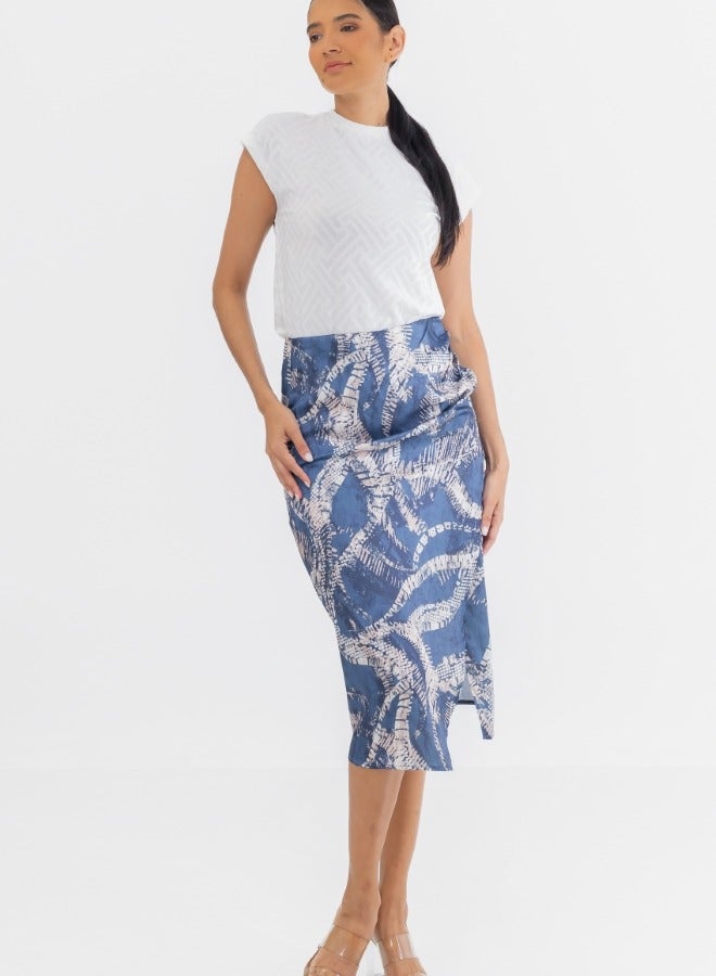 Abstract Print High-Waisted Pencil Skirt with Side Slit - Blue and Beige Midi Skirt