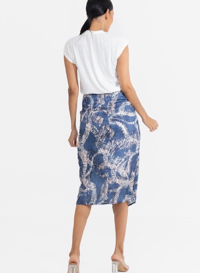 Abstract Print High-Waisted Pencil Skirt with Side Slit - Blue and Beige Midi Skirt