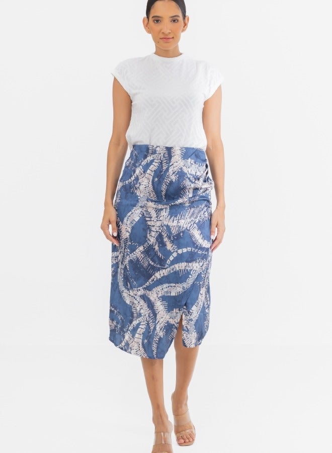 Abstract Print High-Waisted Pencil Skirt with Side Slit - Blue and Beige Midi Skirt