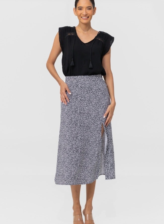 Black and White Dotted Midi Skirt with Side Slit - High-Waisted Casual Skirt