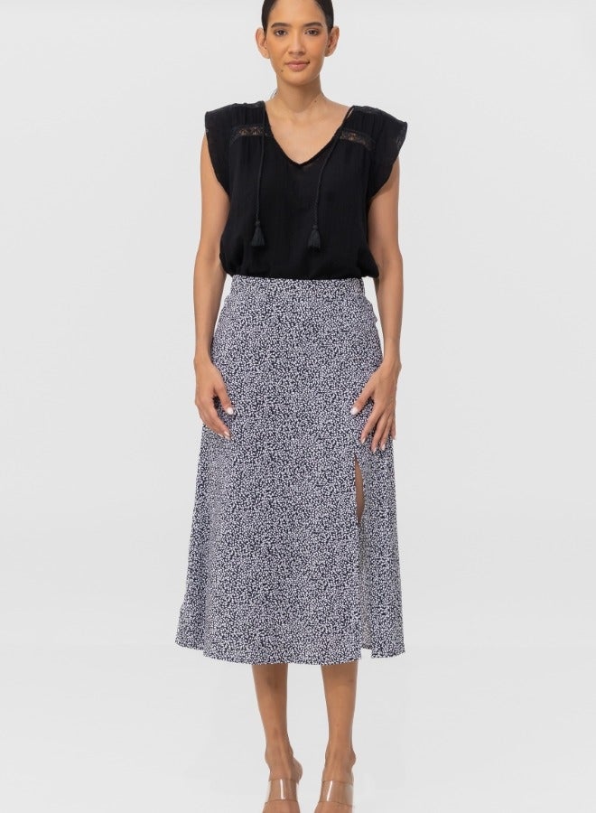 Black and White Dotted Midi Skirt with Side Slit - High-Waisted Casual Skirt