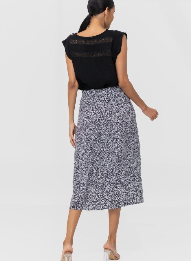 Black and White Dotted Midi Skirt with Side Slit - High-Waisted Casual Skirt