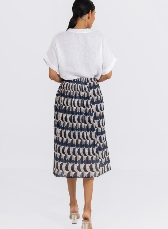 Geometric Print Pleated Midi Skirt - High-Waisted A-Line Skirt