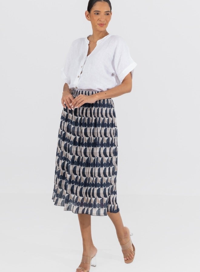 Geometric Print Pleated Midi Skirt - High-Waisted A-Line Skirt