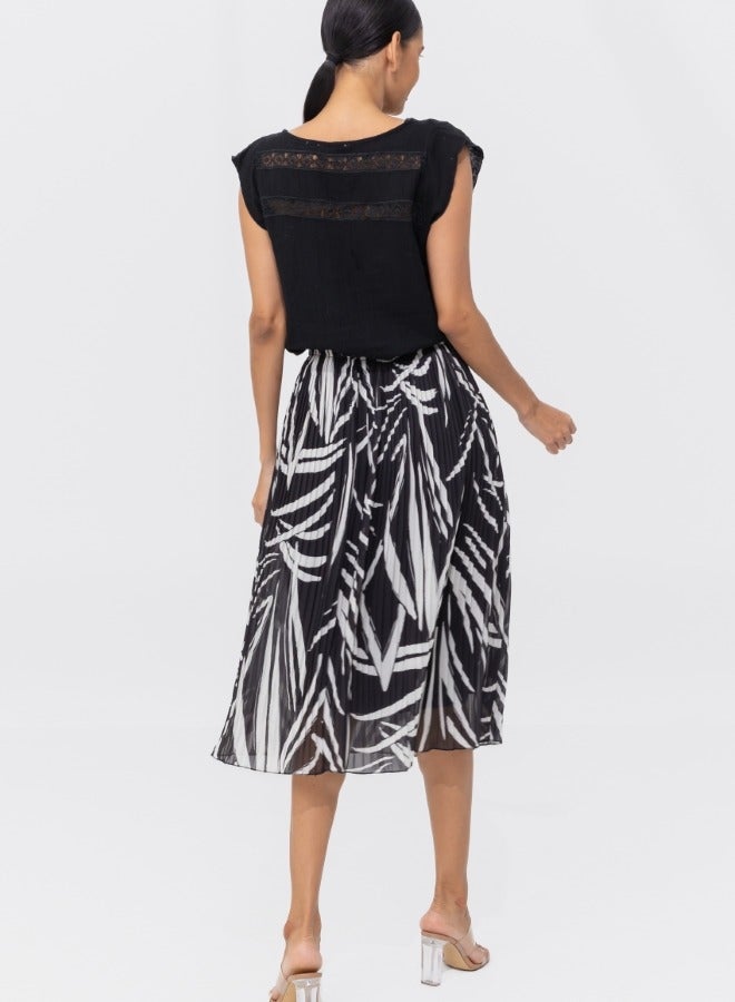 Black and White Pleated Midi Skirt - High-Waisted Abstract Print Skirt