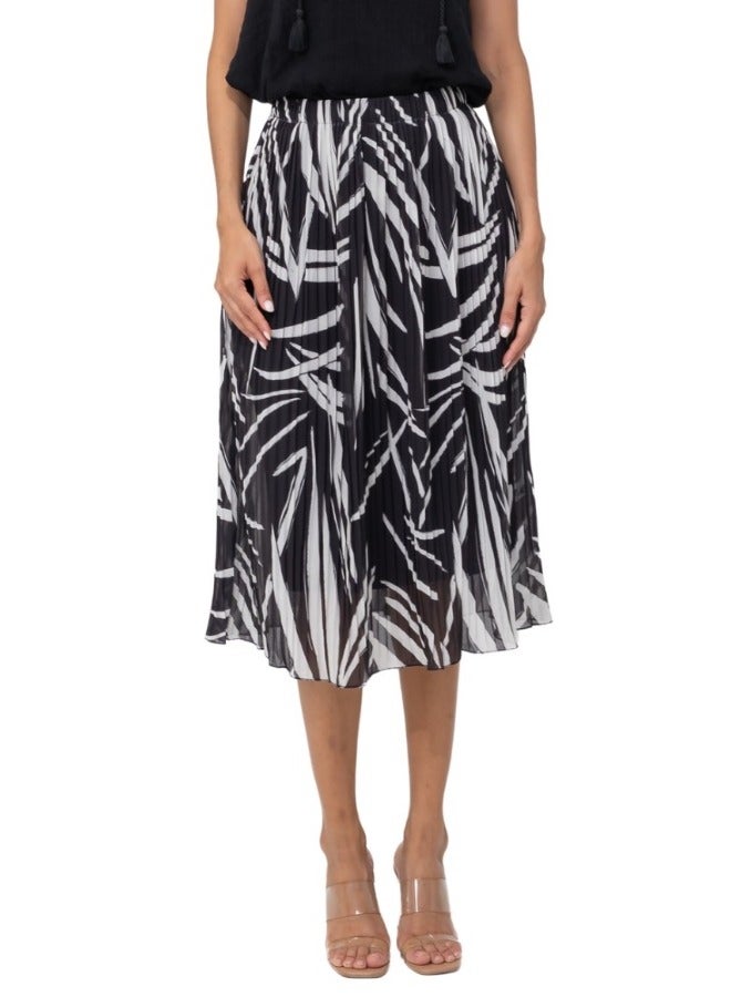 Black and White Pleated Midi Skirt - High-Waisted Abstract Print Skirt