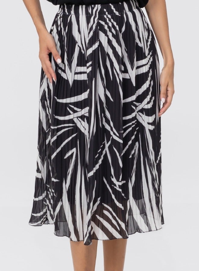 Black and White Pleated Midi Skirt - High-Waisted Abstract Print Skirt