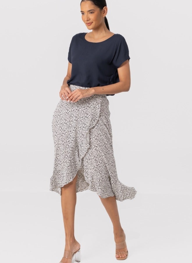 Polka Dot Wrap Midi Skirt with Ruffle Hem - High-Waisted Asymmetrical Skirt