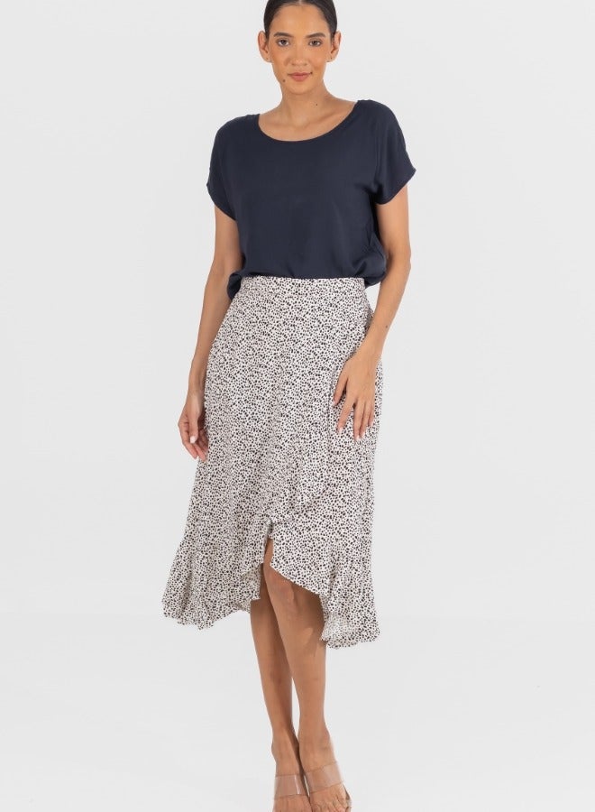 Polka Dot Wrap Midi Skirt with Ruffle Hem - High-Waisted Asymmetrical Skirt