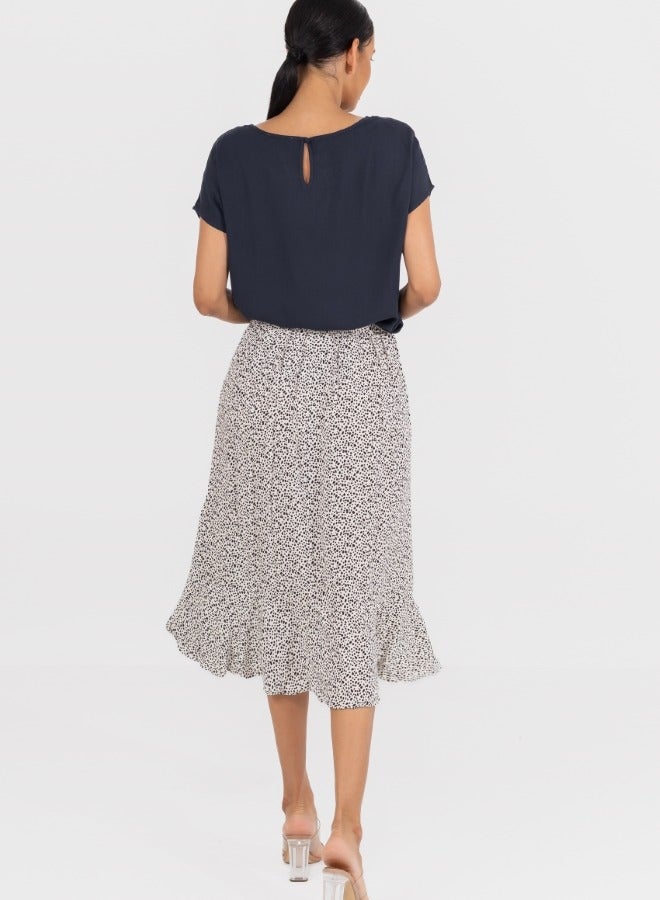 Polka Dot Wrap Midi Skirt with Ruffle Hem - High-Waisted Asymmetrical Skirt