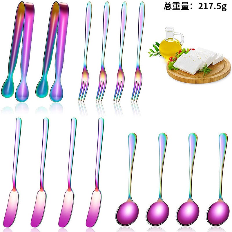 In stock stainless steel cheese knife butter spreading knife  butter knife coffee spoon cube sugar clip dessert fork suit14-piece set (color) 14-piece set (color)