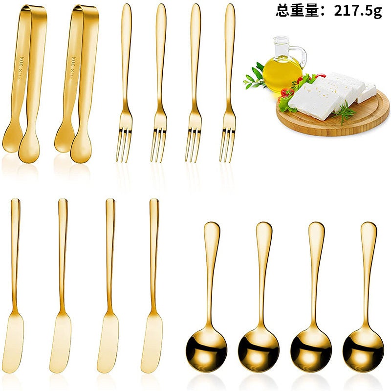 In stock stainless steel cheese knife butter spreading knife  butter knife coffee spoon cube sugar clip dessert fork suit14-piece set (gold) 14-piece set (gold)