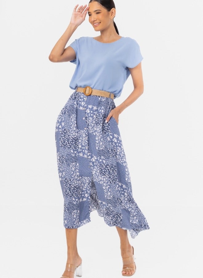 Blue Floral Patchwork Maxi Skirt with Belt - Button-Down High-Waisted Skirt