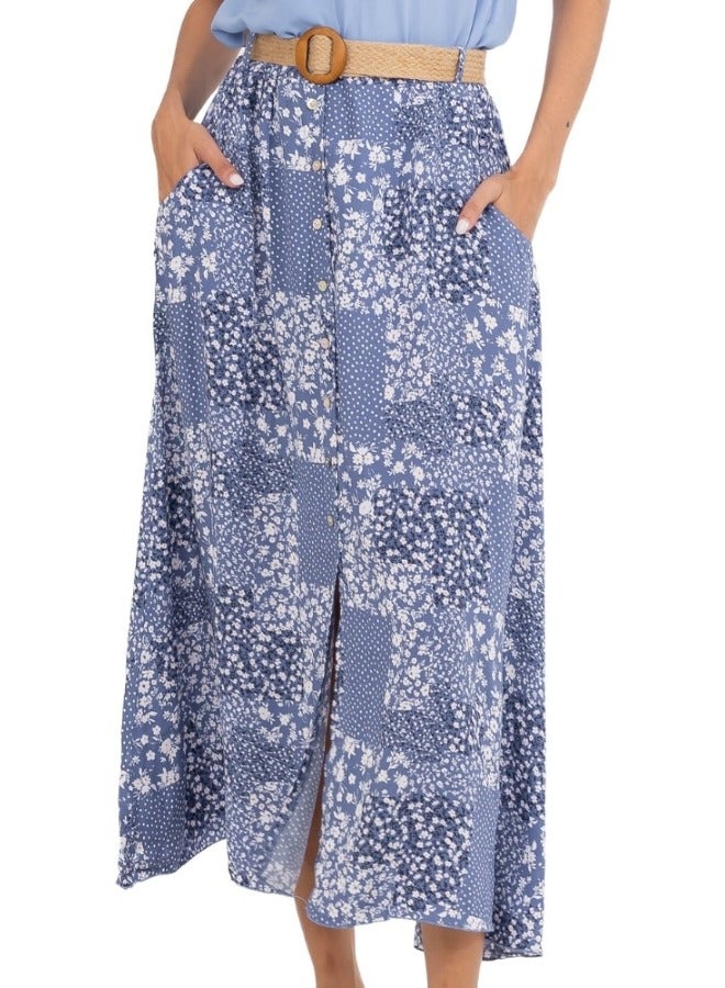 Blue Floral Patchwork Maxi Skirt with Belt - Button-Down High-Waisted Skirt