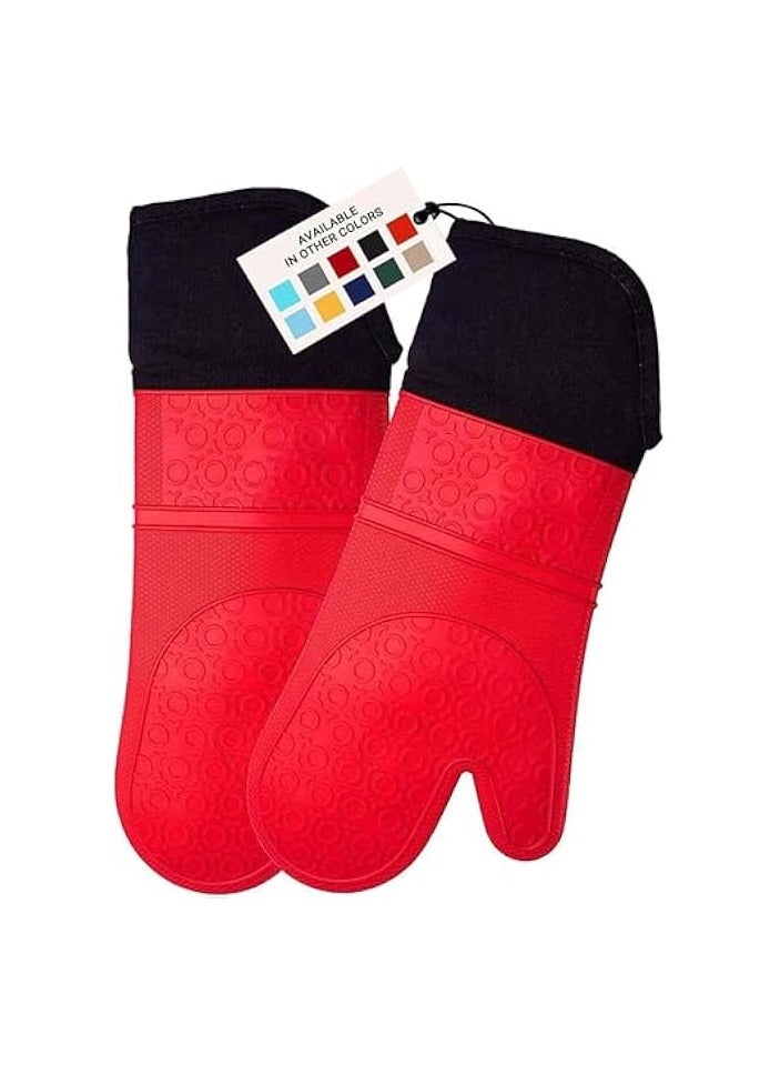 Extra Long Professional Silicone Oven Mitt, Oven Mitts with Quilted Liner, Heat Resistant Pot Holders, Flexible Oven Gloves, Red
