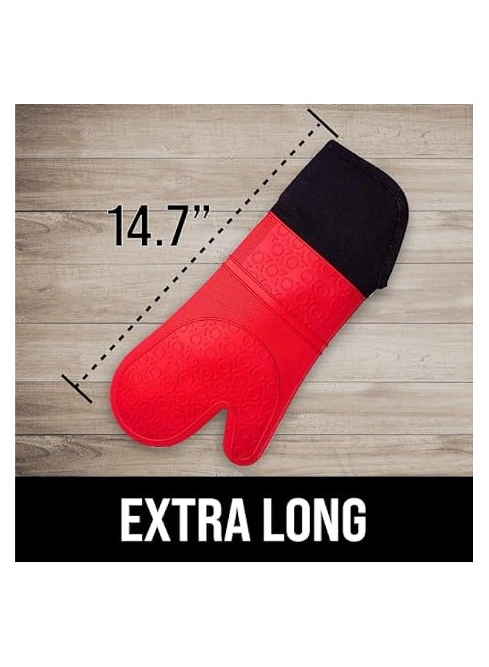 Extra Long Professional Silicone Oven Mitt, Oven Mitts with Quilted Liner, Heat Resistant Pot Holders, Flexible Oven Gloves, Red