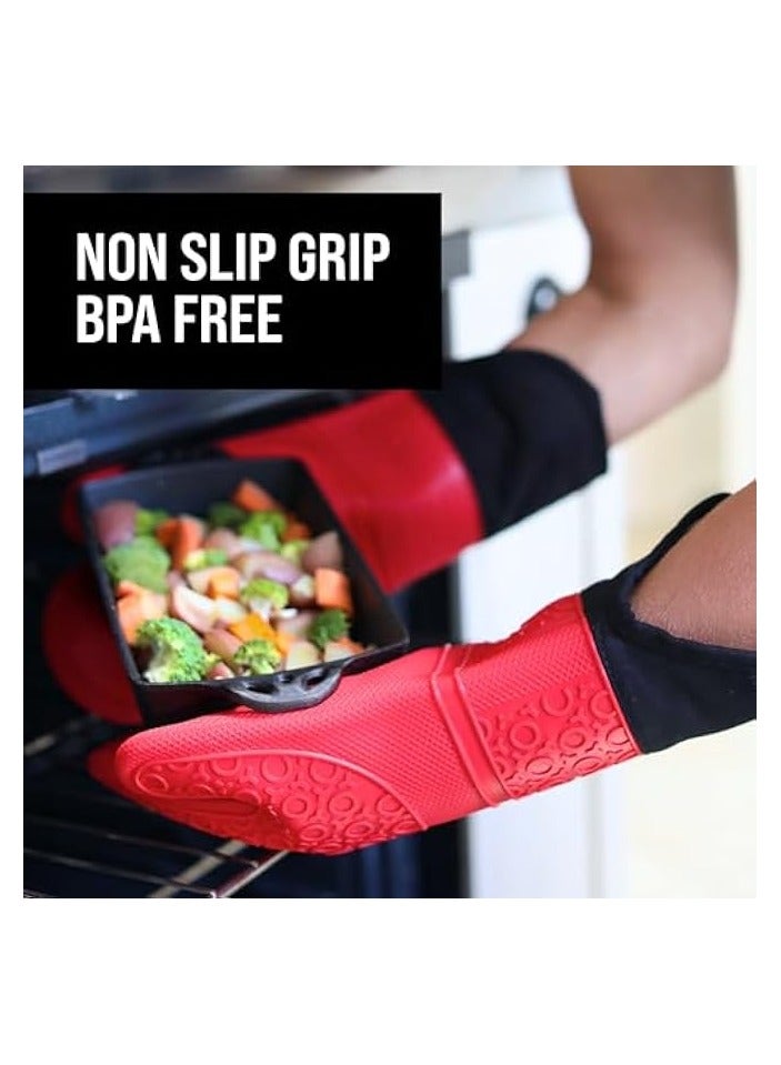 Extra Long Professional Silicone Oven Mitt, Oven Mitts with Quilted Liner, Heat Resistant Pot Holders, Flexible Oven Gloves, Red