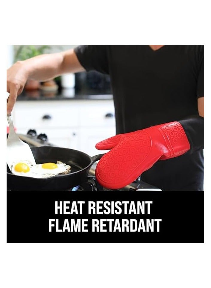 Extra Long Professional Silicone Oven Mitt, Oven Mitts with Quilted Liner, Heat Resistant Pot Holders, Flexible Oven Gloves, Red