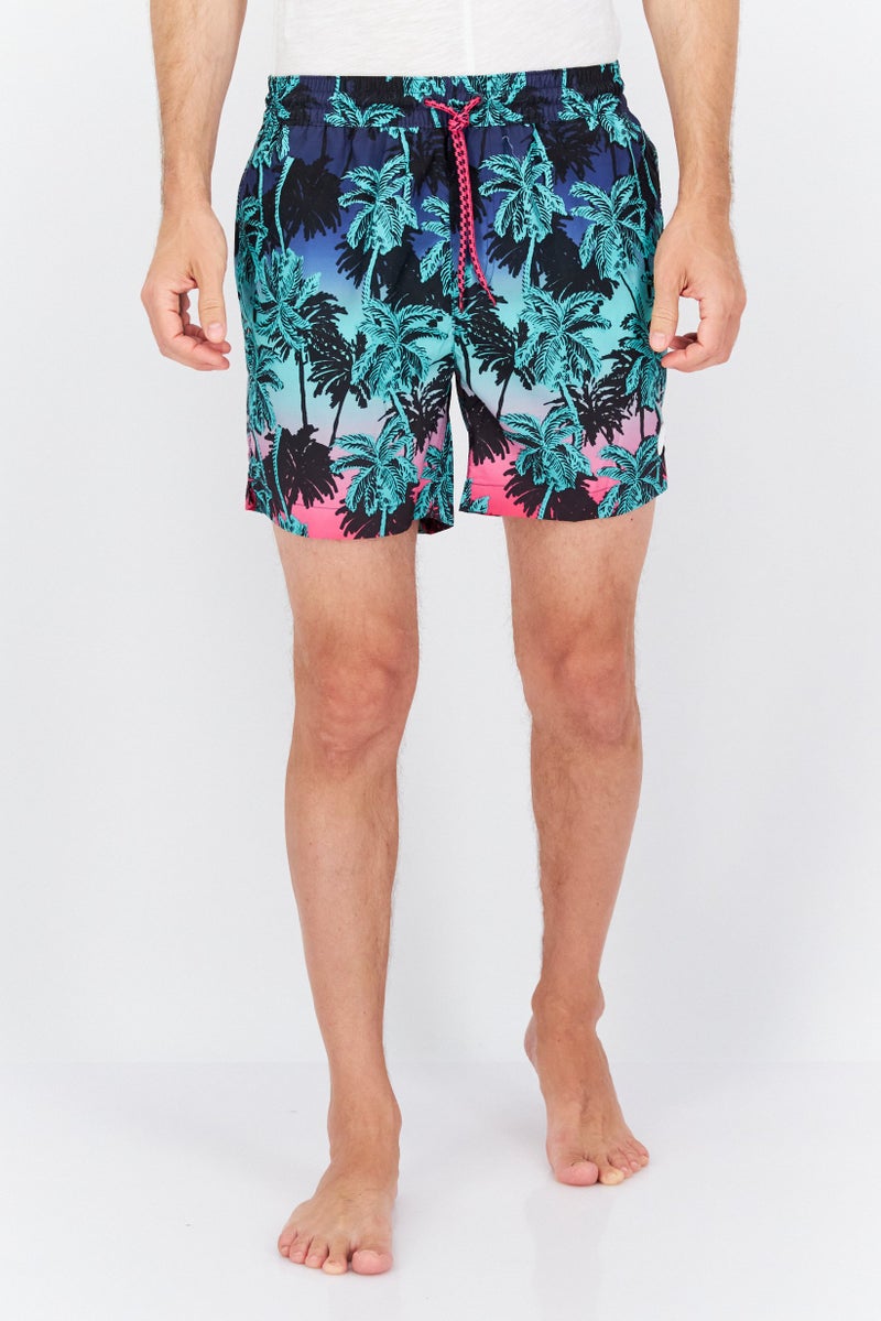 Men Allover Printed Drawstring Board Short, Black Combo