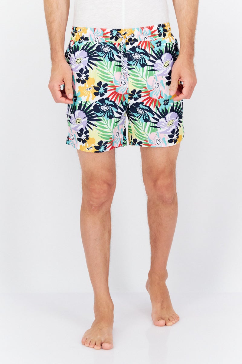 Men Floral Print Board Short, Off White Combo