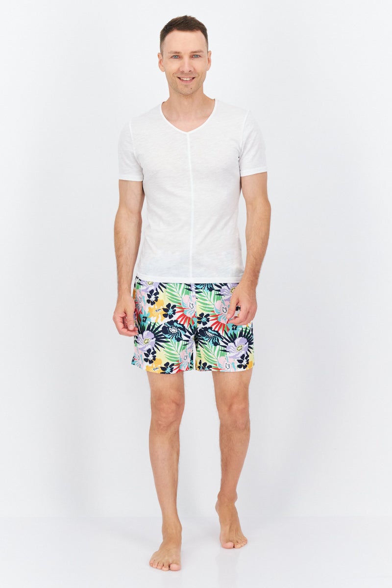 Men Floral Print Board Short, Off White Combo