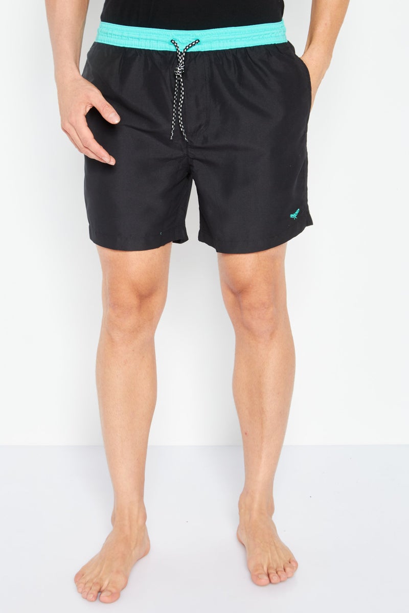 Men Embroidered Logo Swim Shorts, Black/Green