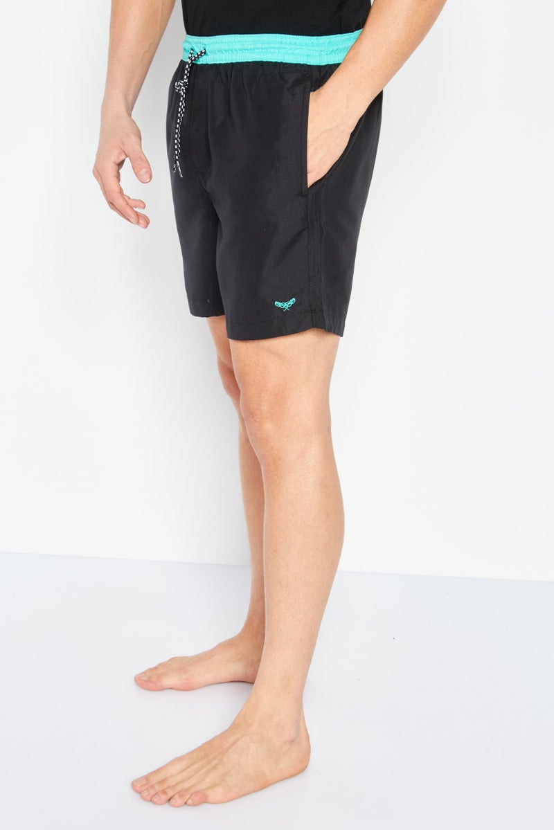 Men Embroidered Logo Swim Shorts, Black/Green