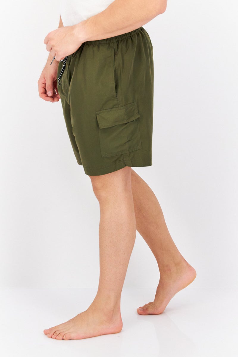 Men Plain Drawstring Board Shorts, Olive