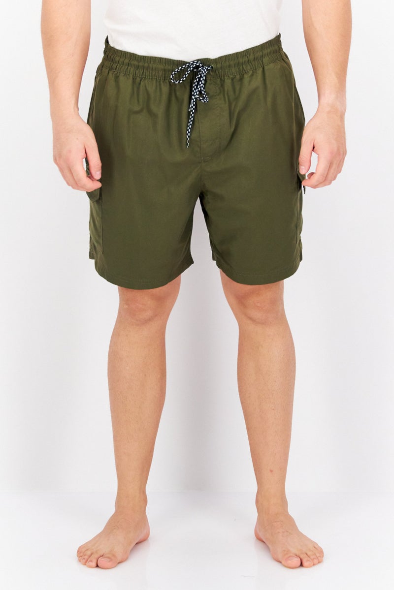 Men Plain Drawstring Board Shorts, Olive