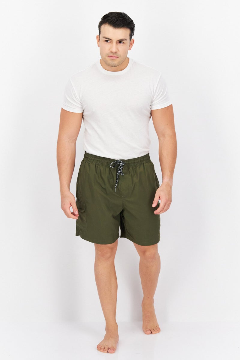 Men Plain Drawstring Board Shorts, Olive