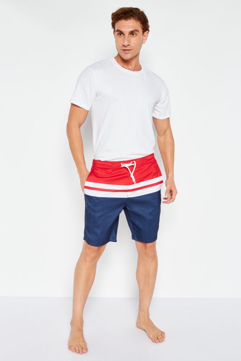 Men Colorblock Drawstring Board Shorts, Navy/Red Combo