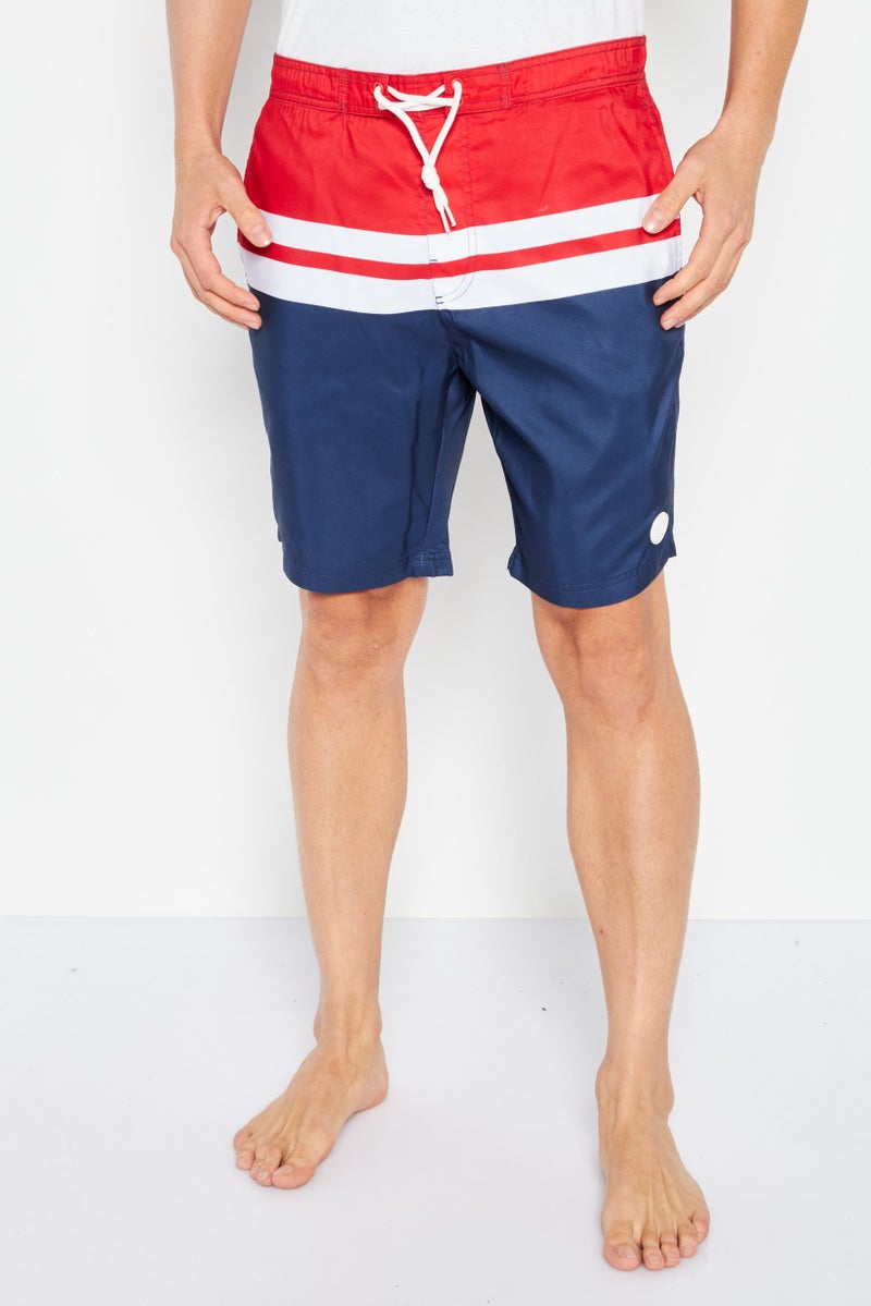 Men Colorblock Drawstring Board Shorts, Navy/Red Combo