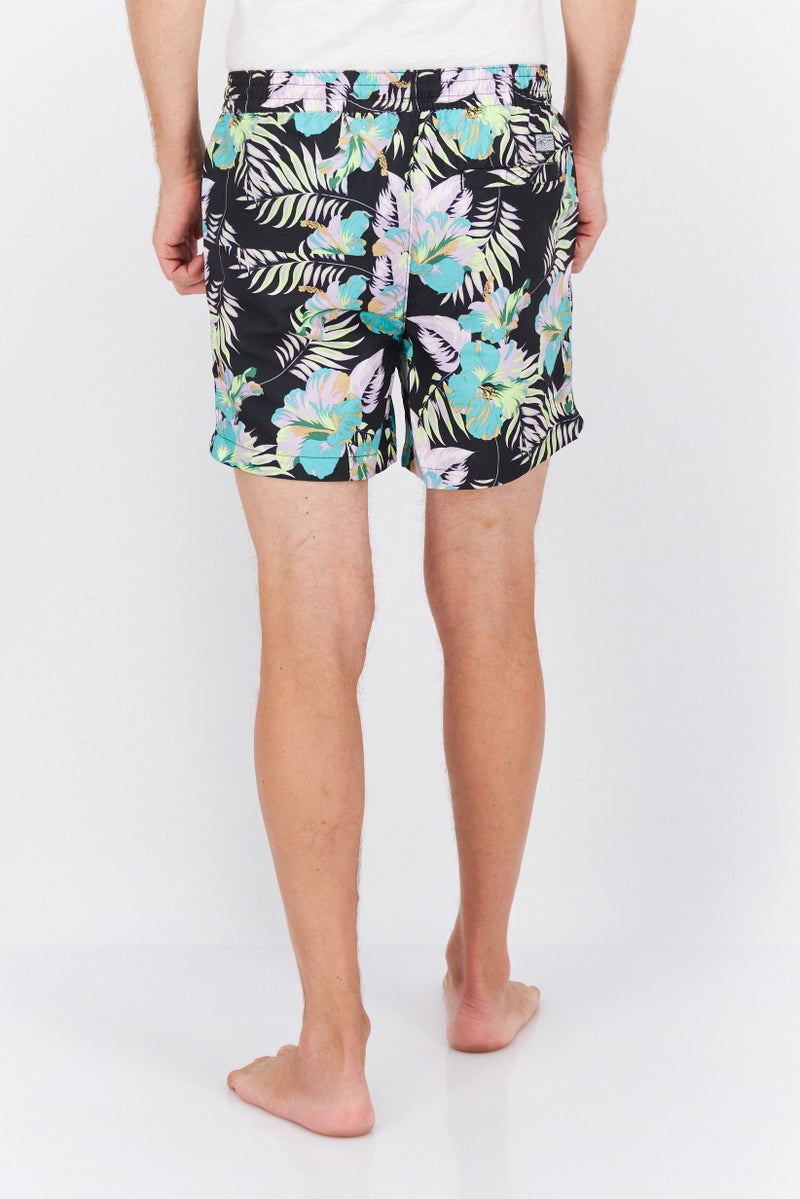 Men Allover Printed Drawstring Board Short, Black Combo