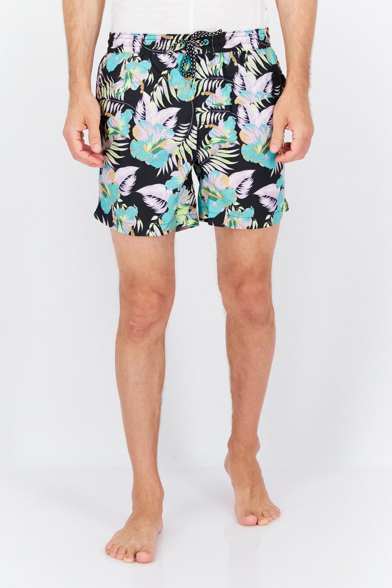 Men Allover Printed Drawstring Board Short, Black Combo