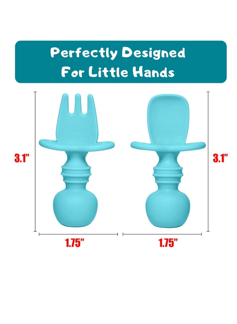 Silicone Baby Fork And Spoon Set, Silicone Tableware, Feeding Baby, Training Equipment, Baby Led Weaning Stage 1 Suitable For Over 6 Months (Blue，2 * Spoons and 2 * Forks)