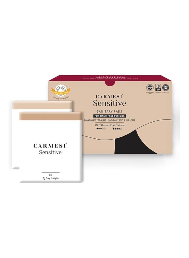 Carmesi Sanitary Pads Rash-Free Organic Large Sanitary Pads For Women - 100%Certified By Gynecologist Natural Plant Based Top Sheet No Fragrance - With Disposal Bags (Pack Of 30 Pads 15 Large +15 XL)