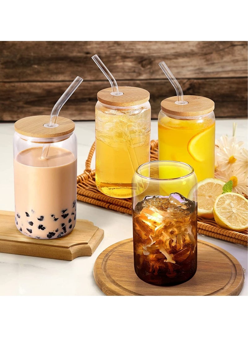 Drinking Glasses Can Shaped with Bamboo Lids and Glass Straw 4pcs Set - 16oz 600ml Coffee, Soda Glass, Beer Glasses, Iced Coffee Glasses, Cute Tumbler Cup, Heat-Resistant Drink Glass