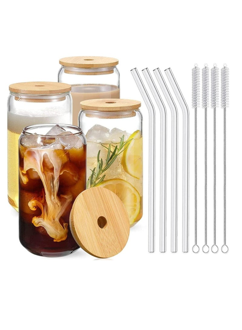 Drinking Glasses Can Shaped with Bamboo Lids and Glass Straw 4pcs Set - 16oz 600ml Coffee, Soda Glass, Beer Glasses, Iced Coffee Glasses, Cute Tumbler Cup, Heat-Resistant Drink Glass