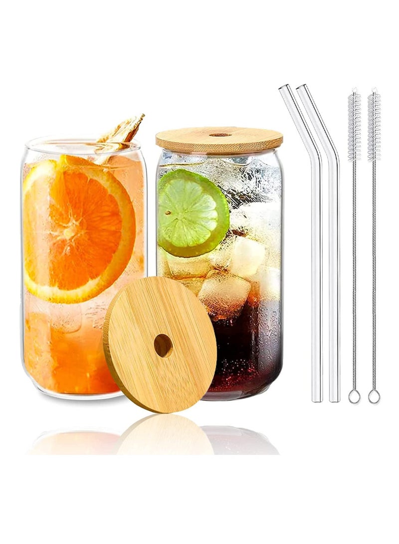 Drinking Glasses Can Shaped with Bamboo Lids and Glass Straw 2pcs Set - 16oz 600ml Coffee, Soda Glass, Beer Glasses, Iced Coffee Glasses, Cute Tumbler Cup, Heat-Resistant Drink Glass