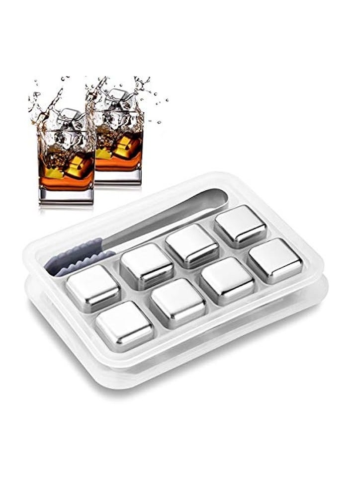 Reusable Stainless Steel Ice Cubes, Metal Whiskey Stones, Chilling Stones with Tongs & Tray for Wine Beer