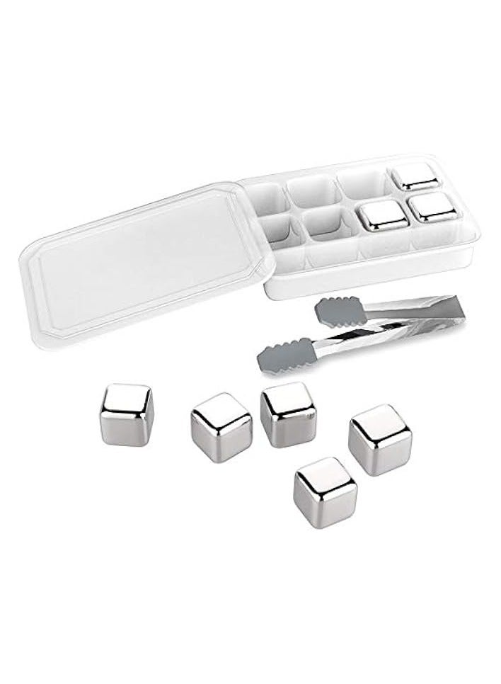 Reusable Stainless Steel Ice Cubes, Metal Whiskey Stones, Chilling Stones with Tongs & Tray for Wine Beer